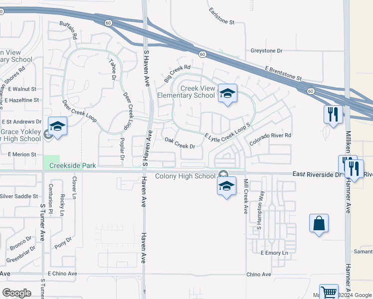 map of restaurants, bars, coffee shops, grocery stores, and more near 3638 Oak Creek Drive in Ontario