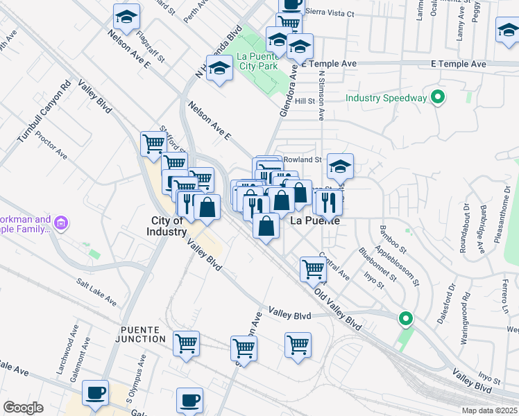map of restaurants, bars, coffee shops, grocery stores, and more near 117 North 1st Street in La Puente