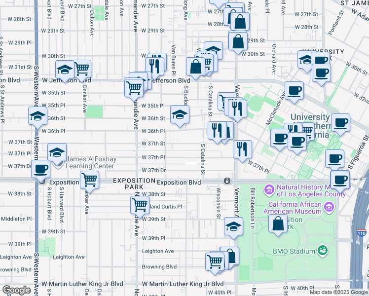 map of restaurants, bars, coffee shops, grocery stores, and more near 1248 1/2 West 37th Place in Los Angeles