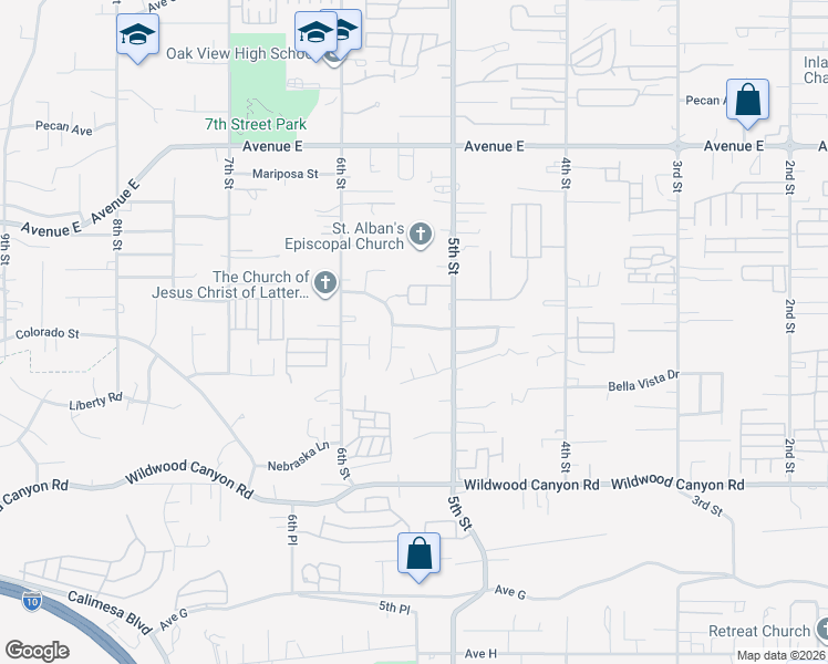 map of restaurants, bars, coffee shops, grocery stores, and more near 34231 Via Buena Drive in Yucaipa
