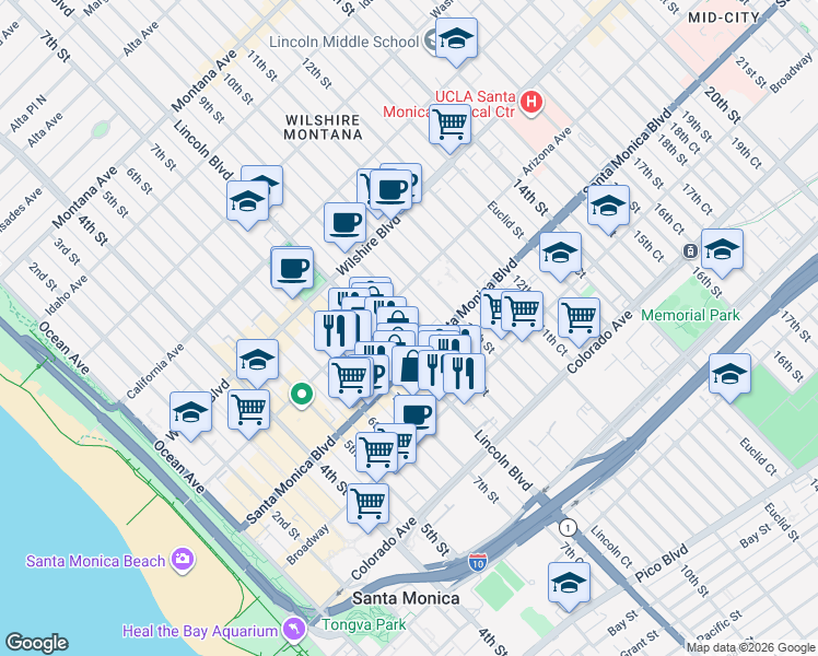 map of restaurants, bars, coffee shops, grocery stores, and more near 1334 9th Street in Santa Monica