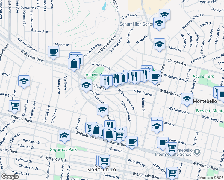 map of restaurants, bars, coffee shops, grocery stores, and more near 2517 West Beverly Boulevard in Montebello