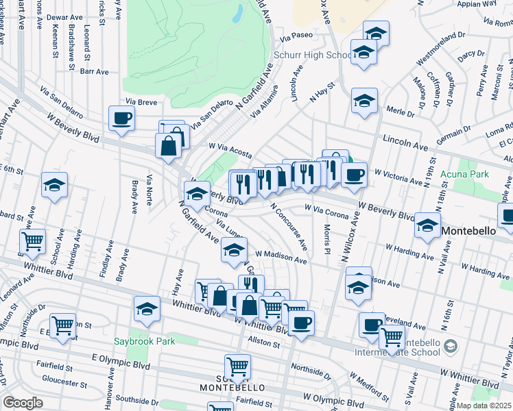 map of restaurants, bars, coffee shops, grocery stores, and more near 2525 West Via Corona in Montebello