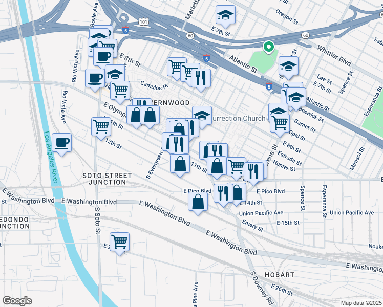 map of restaurants, bars, coffee shops, grocery stores, and more near 3113B East 11th Street in Los Angeles