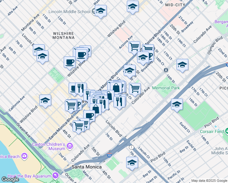 map of restaurants, bars, coffee shops, grocery stores, and more near 1444 11th Street in Santa Monica