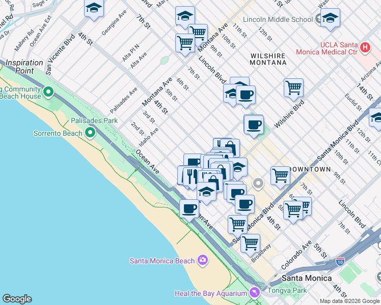 map of restaurants, bars, coffee shops, grocery stores, and more near 1033 3rd Street in Santa Monica