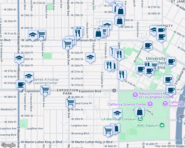 map of restaurants, bars, coffee shops, grocery stores, and more near 1250 West 37th Street in Los Angeles