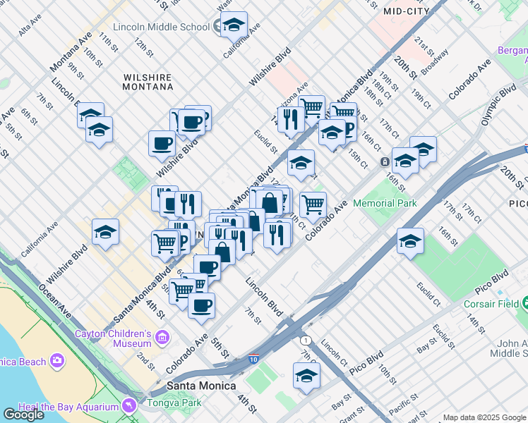map of restaurants, bars, coffee shops, grocery stores, and more near 1444 11th Street in Santa Monica