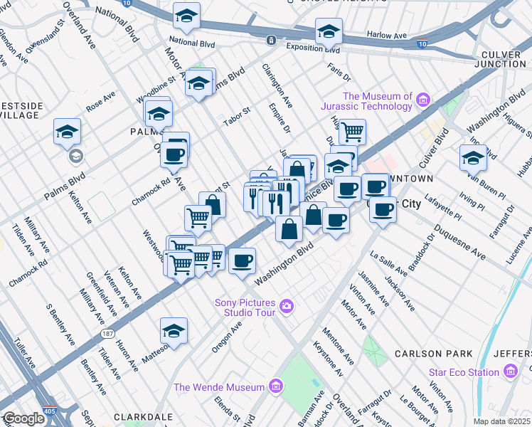 map of restaurants, bars, coffee shops, grocery stores, and more near 10410 Venice Boulevard in Culver City