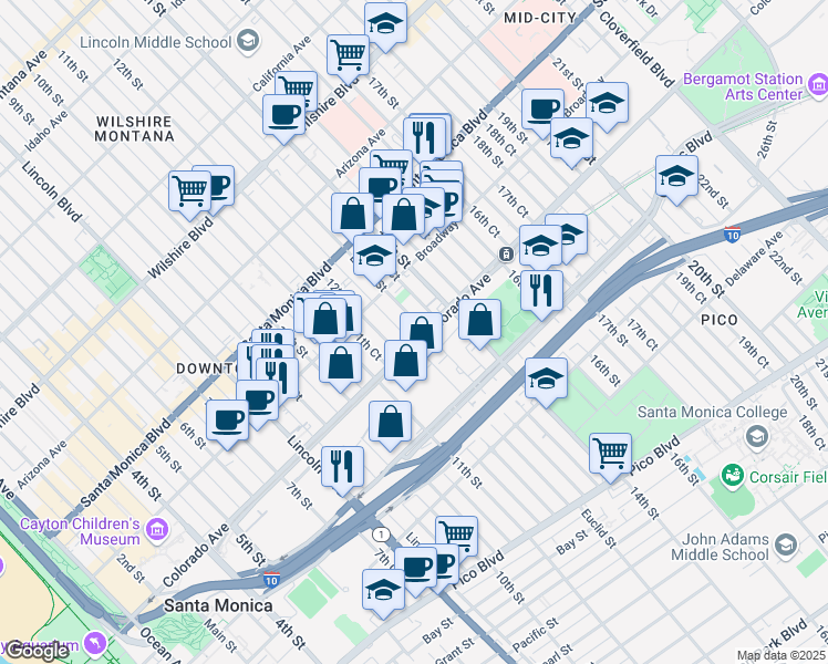 map of restaurants, bars, coffee shops, grocery stores, and more near 1620 12th Court in Santa Monica