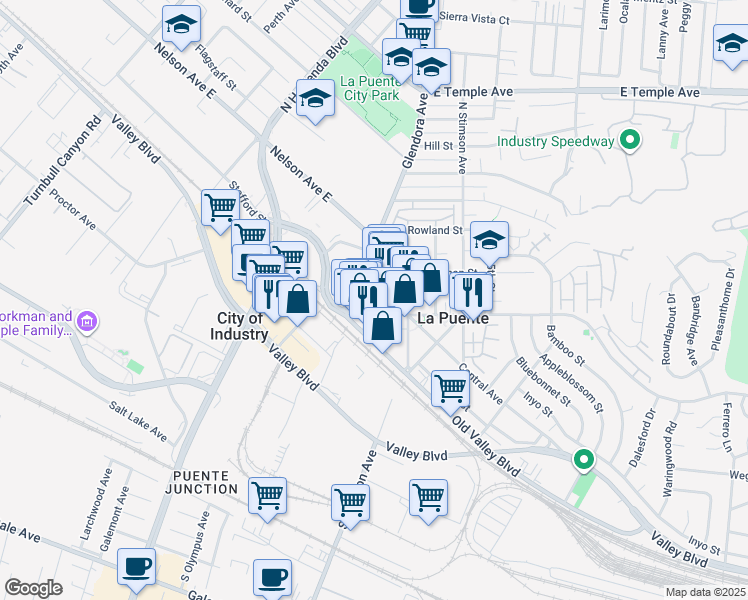 map of restaurants, bars, coffee shops, grocery stores, and more near 117 North 1st Street in La Puente