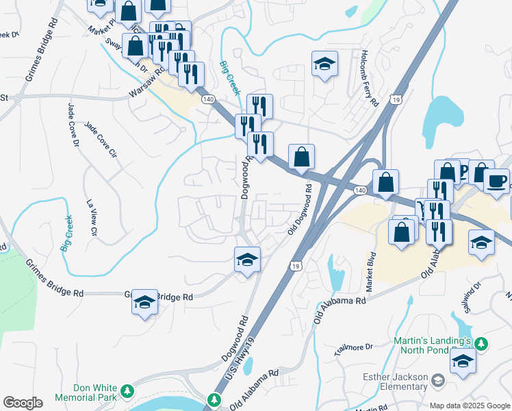 map of restaurants, bars, coffee shops, grocery stores, and more near 1065 Merrivale Chase Lane in Roswell