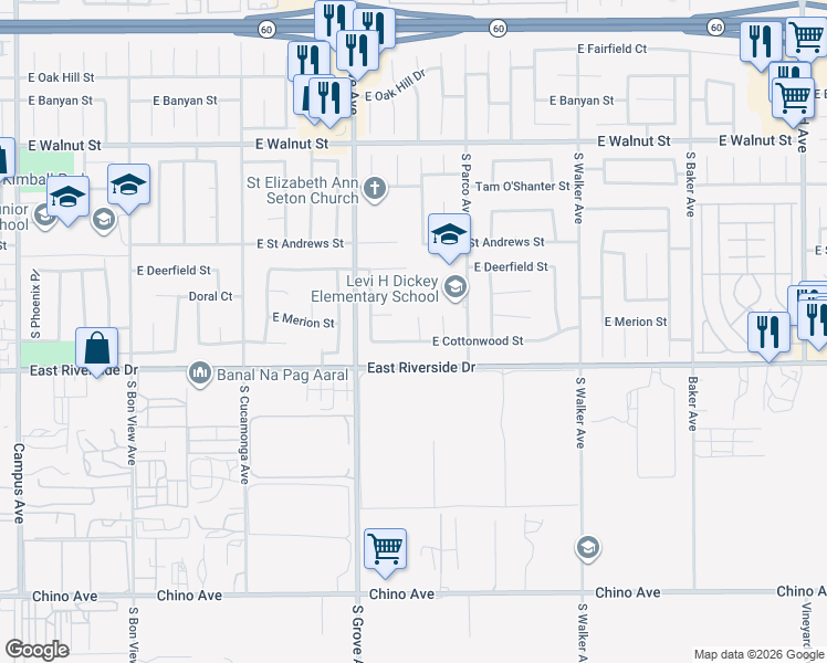 map of restaurants, bars, coffee shops, grocery stores, and more near 2924 South Del Norte Avenue in Ontario