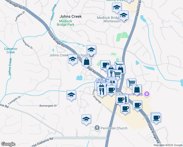 map of restaurants, bars, coffee shops, grocery stores, and more near 9778 Alberton Lane in Alpharetta