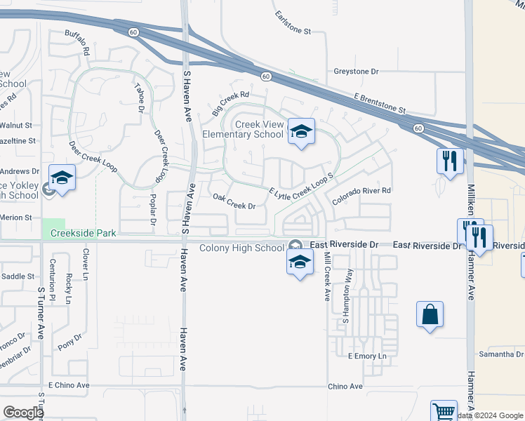 map of restaurants, bars, coffee shops, grocery stores, and more near 3702 Oak Creek Drive in Ontario