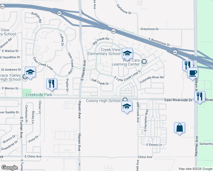 map of restaurants, bars, coffee shops, grocery stores, and more near 3640 Oak Creek Drive in Ontario
