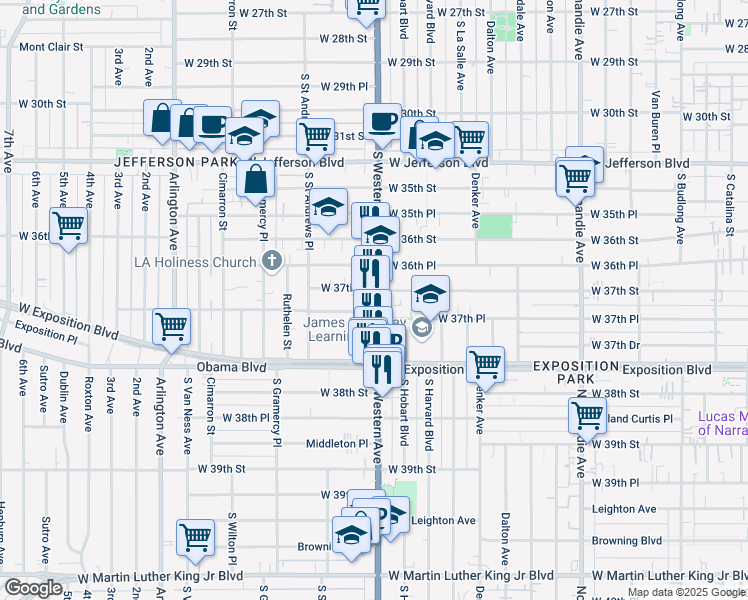 map of restaurants, bars, coffee shops, grocery stores, and more near 1714 West 37th Place in Los Angeles
