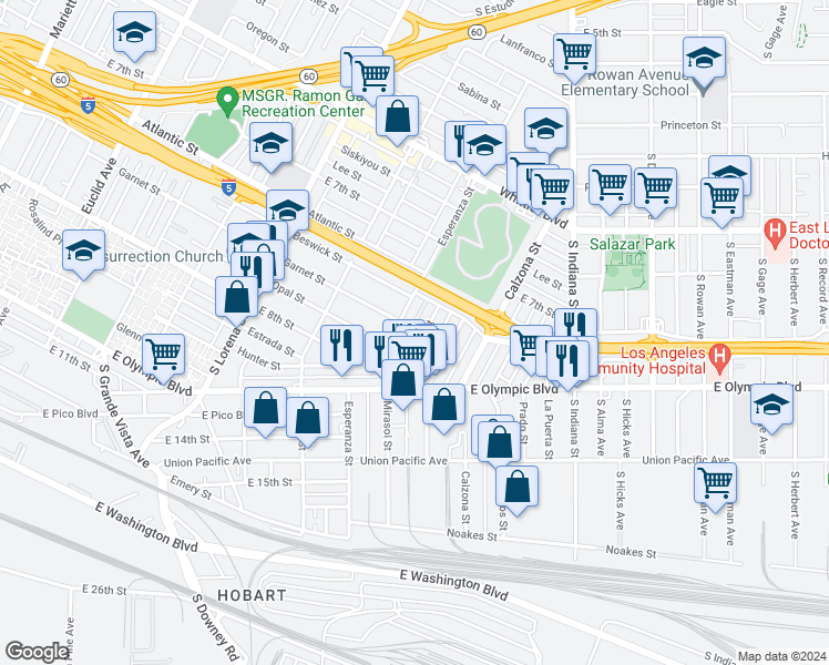 map of restaurants, bars, coffee shops, grocery stores, and more near 1147 Mirasol Street in Los Angeles