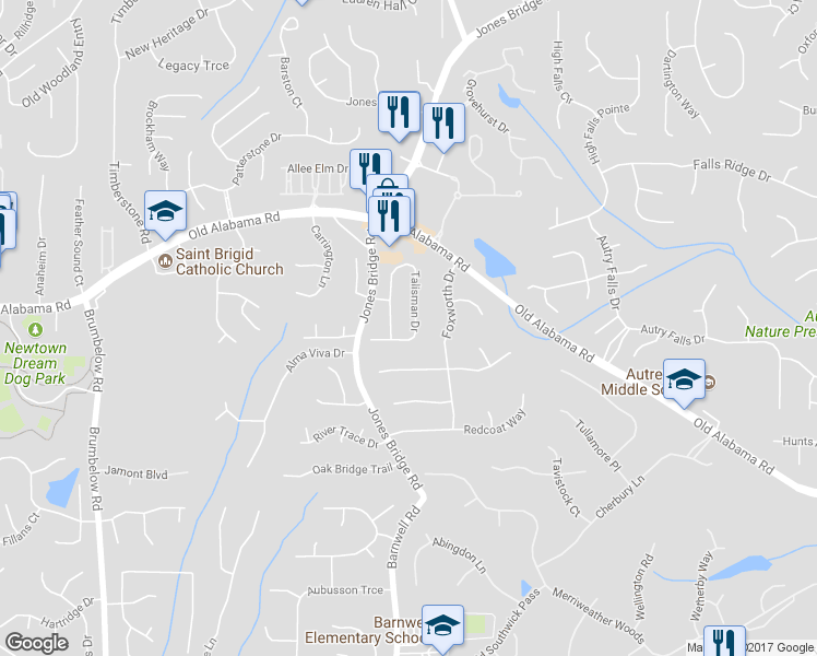 map of restaurants, bars, coffee shops, grocery stores, and more near 9843 Talisman Drive in Alpharetta