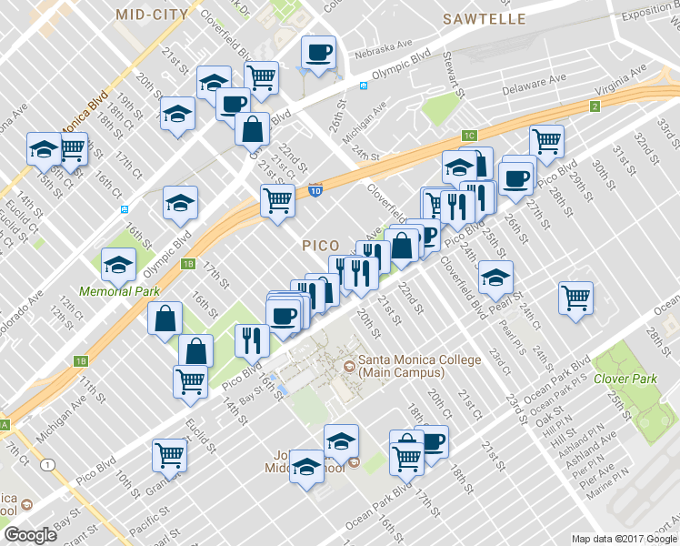 map of restaurants, bars, coffee shops, grocery stores, and more near 2010 Virginia Avenue in Santa Monica
