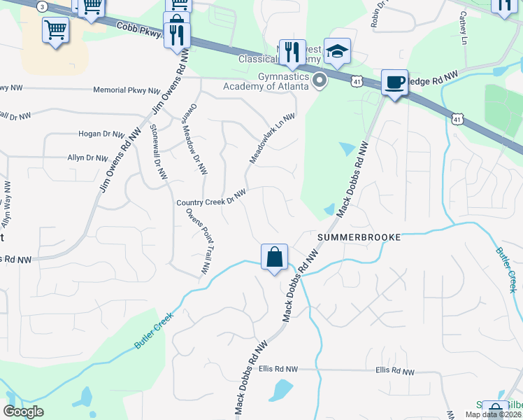 map of restaurants, bars, coffee shops, grocery stores, and more near 2744 Country Creek Way Northwest in Kennesaw
