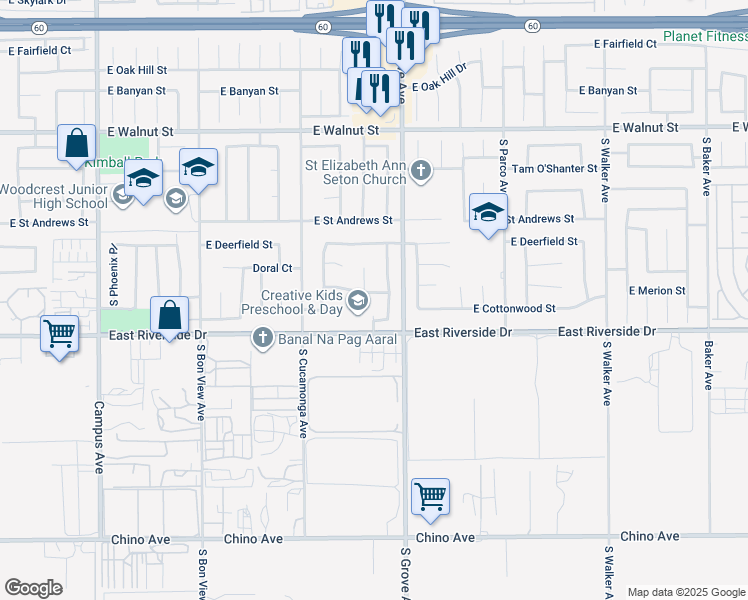 map of restaurants, bars, coffee shops, grocery stores, and more near 1178 East Merion Street in Ontario