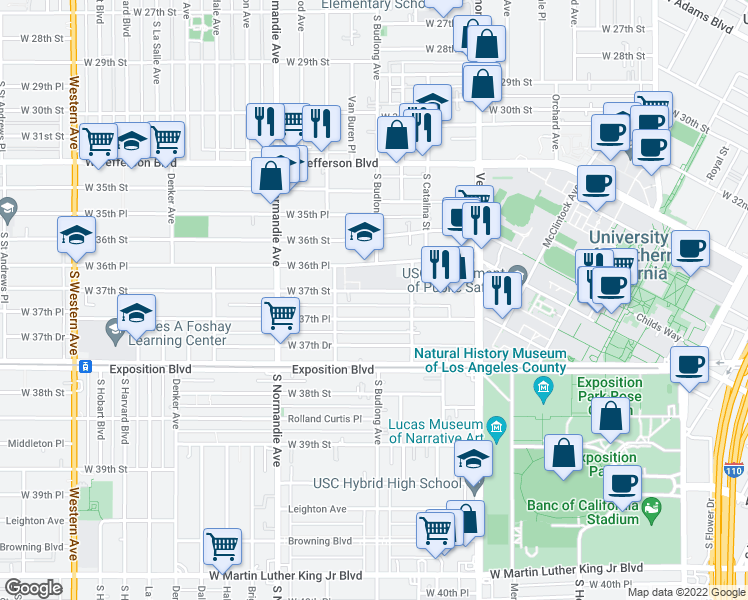 map of restaurants, bars, coffee shops, grocery stores, and more near 1248 1/2 West 37th Place in Los Angeles