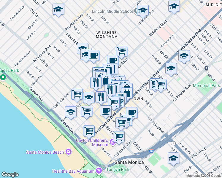 map of restaurants, bars, coffee shops, grocery stores, and more near 632 Arizona Avenue in Santa Monica