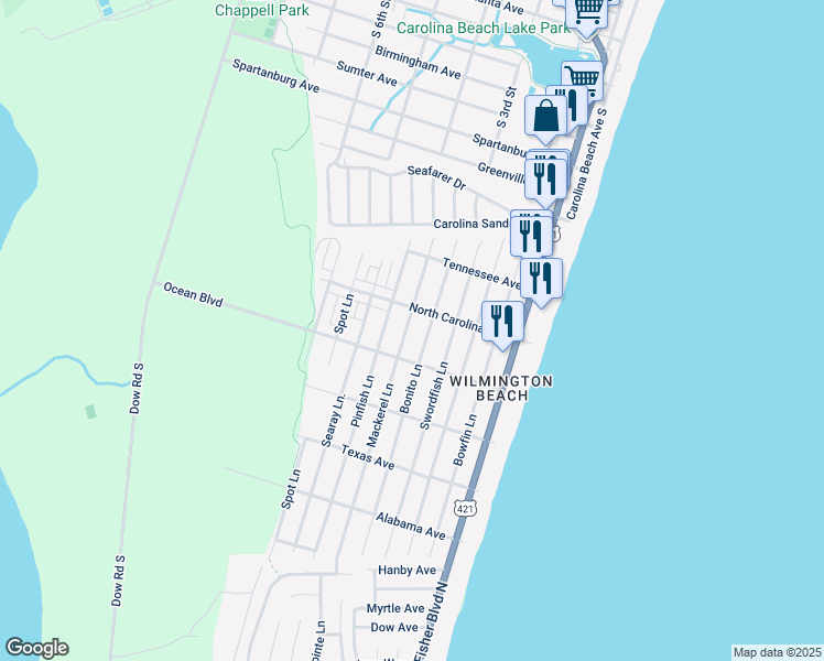 map of restaurants, bars, coffee shops, grocery stores, and more near 1319 Mackerel Lane in Carolina Beach