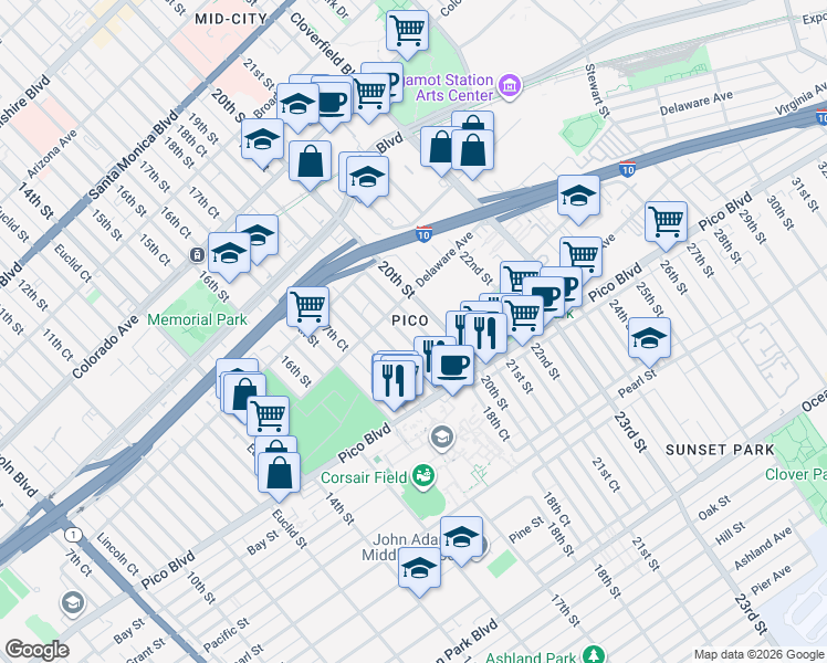 map of restaurants, bars, coffee shops, grocery stores, and more near 1925 19th Street in Santa Monica