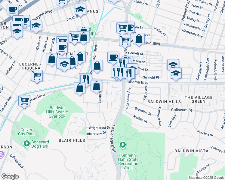 map of restaurants, bars, coffee shops, grocery stores, and more near 5819 Bowcroft Street in Los Angeles