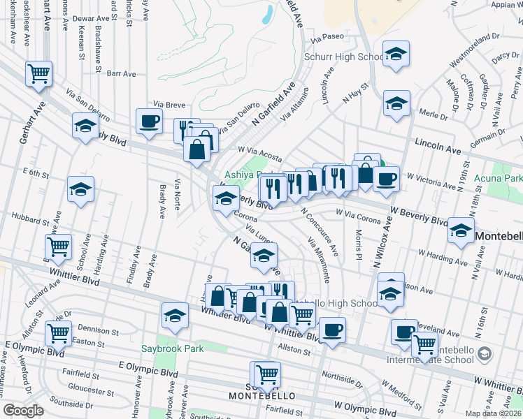 map of restaurants, bars, coffee shops, grocery stores, and more near 2603 West Beverly Boulevard in Montebello