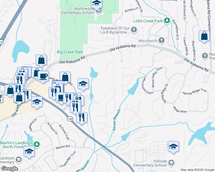map of restaurants, bars, coffee shops, grocery stores, and more near 1375 Terramont Dr in Roswell