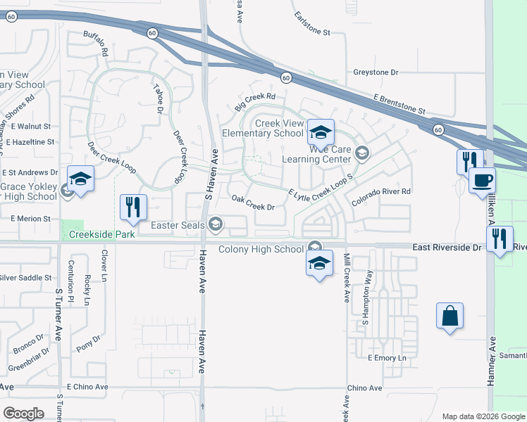 map of restaurants, bars, coffee shops, grocery stores, and more near 3638 Oak Creek Drive in Ontario