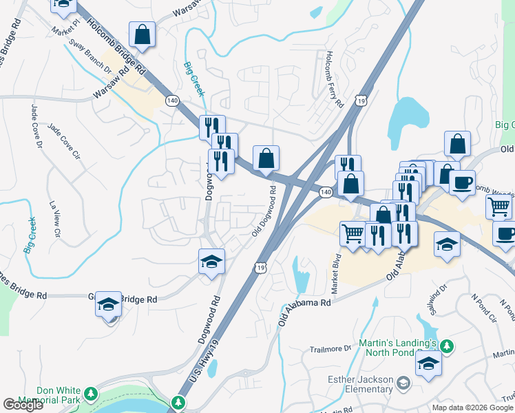 map of restaurants, bars, coffee shops, grocery stores, and more near 3014 Heatherton Park Way in Roswell