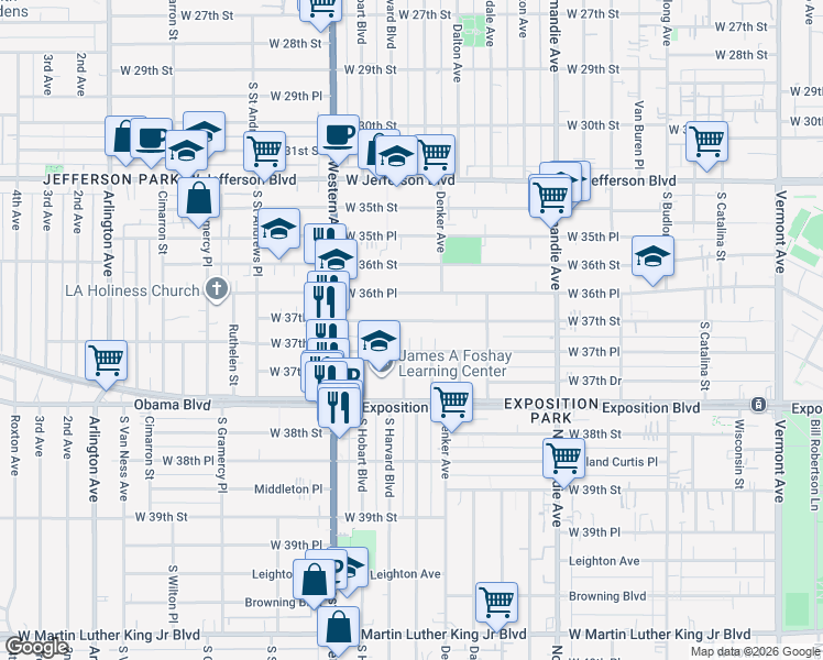 map of restaurants, bars, coffee shops, grocery stores, and more near 1590 West 37th Street in Los Angeles