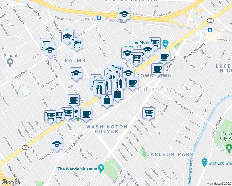 map of restaurants, bars, coffee shops, grocery stores, and more near 3830 Vinton Avenue in Culver City