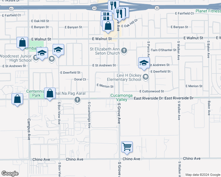 map of restaurants, bars, coffee shops, grocery stores, and more near 1178 East Merion Street in Ontario
