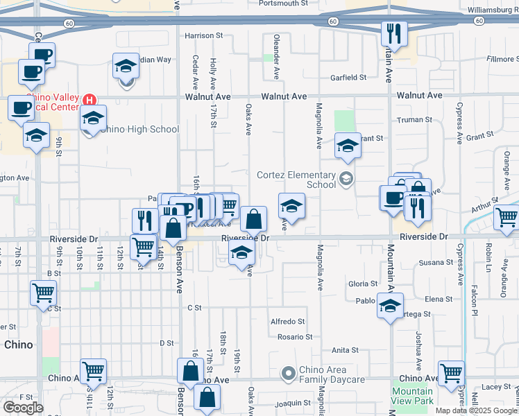 map of restaurants, bars, coffee shops, grocery stores, and more near 12811 Oaks Avenue in Chino