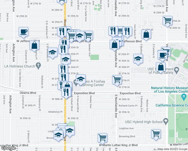 map of restaurants, bars, coffee shops, grocery stores, and more near 1521 West 37th Place in Los Angeles