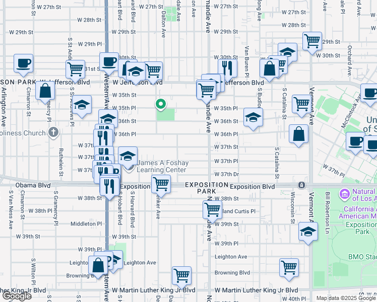 map of restaurants, bars, coffee shops, grocery stores, and more near 1458 West 37th Street in Los Angeles