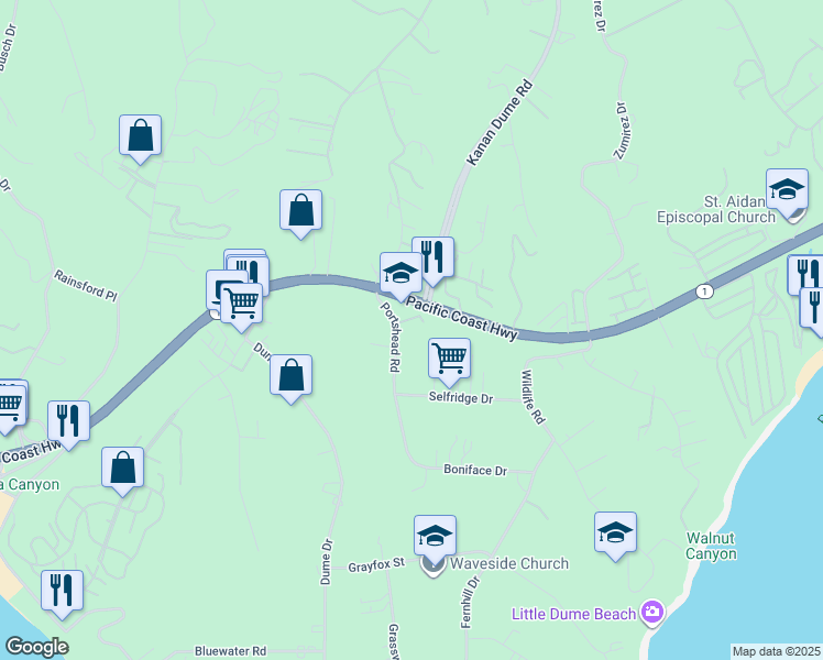 map of restaurants, bars, coffee shops, grocery stores, and more near 6608 Portshead Road in Malibu