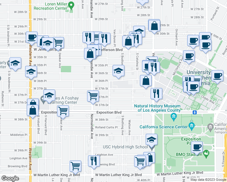 map of restaurants, bars, coffee shops, grocery stores, and more near 1288 West 37th Street in Los Angeles