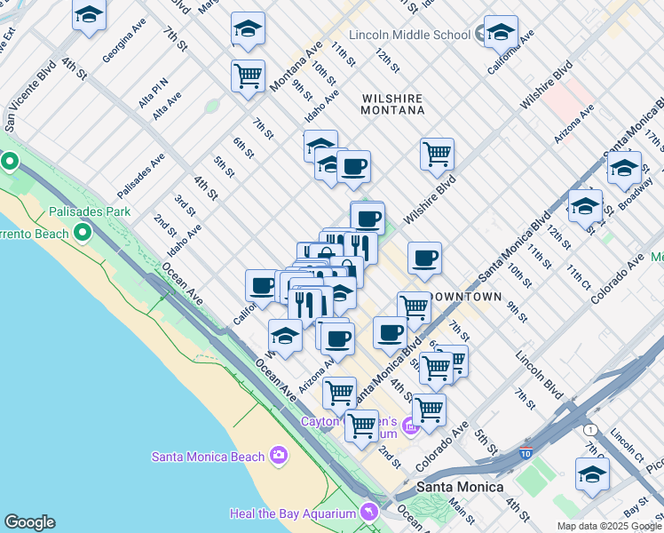map of restaurants, bars, coffee shops, grocery stores, and more near in Santa Monica