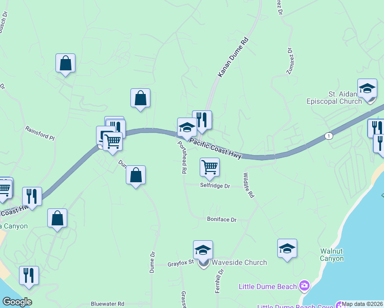 map of restaurants, bars, coffee shops, grocery stores, and more near 28910 Hampton Place in Malibu