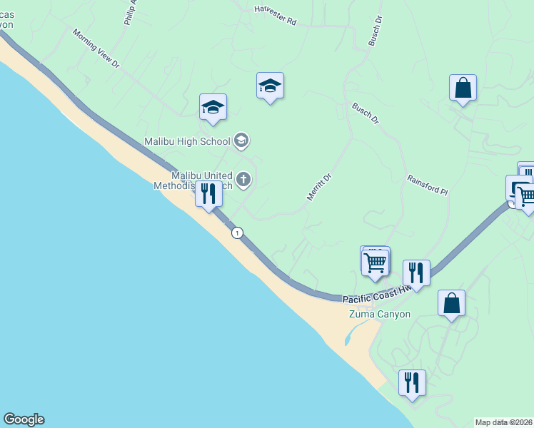 map of restaurants, bars, coffee shops, grocery stores, and more near 6417 Merritt Drive in Malibu