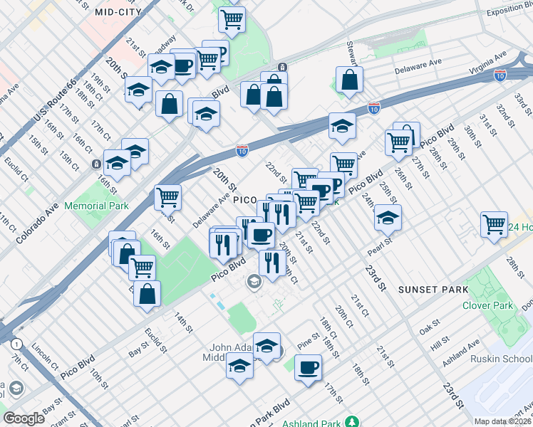 map of restaurants, bars, coffee shops, grocery stores, and more near 2010 Virginia Avenue in Santa Monica