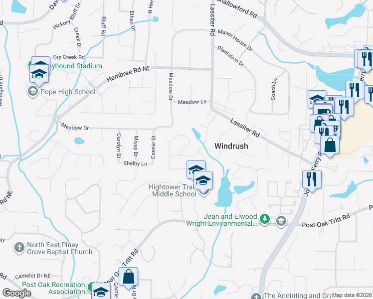 map of restaurants, bars, coffee shops, grocery stores, and more near 3704 Baccurate Way in Marietta