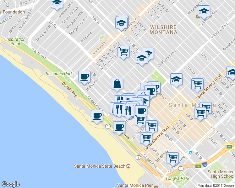 map of restaurants, bars, coffee shops, grocery stores, and more near 1033 3rd Street in Santa Monica