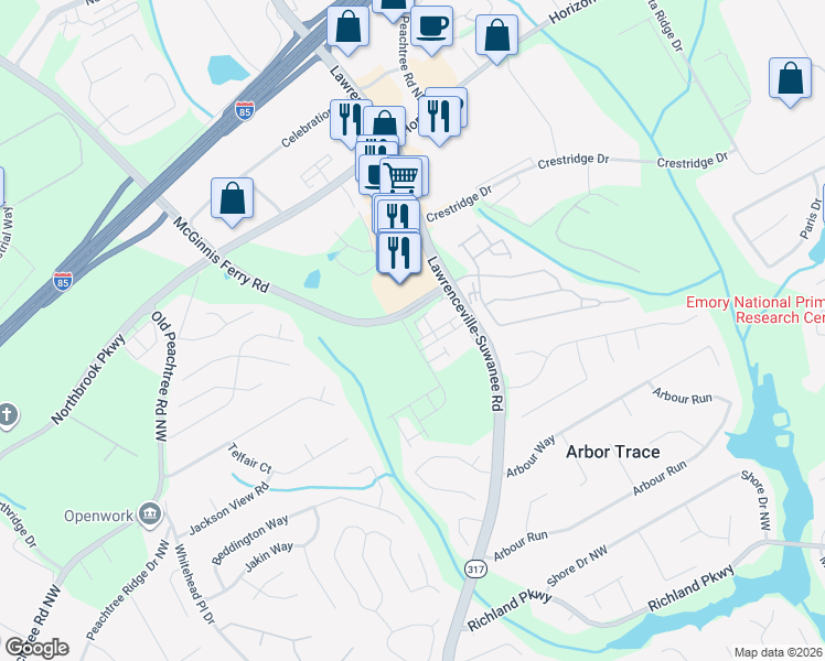 map of restaurants, bars, coffee shops, grocery stores, and more near 2666 Lawrenceville-Suwanee Road in Suwanee